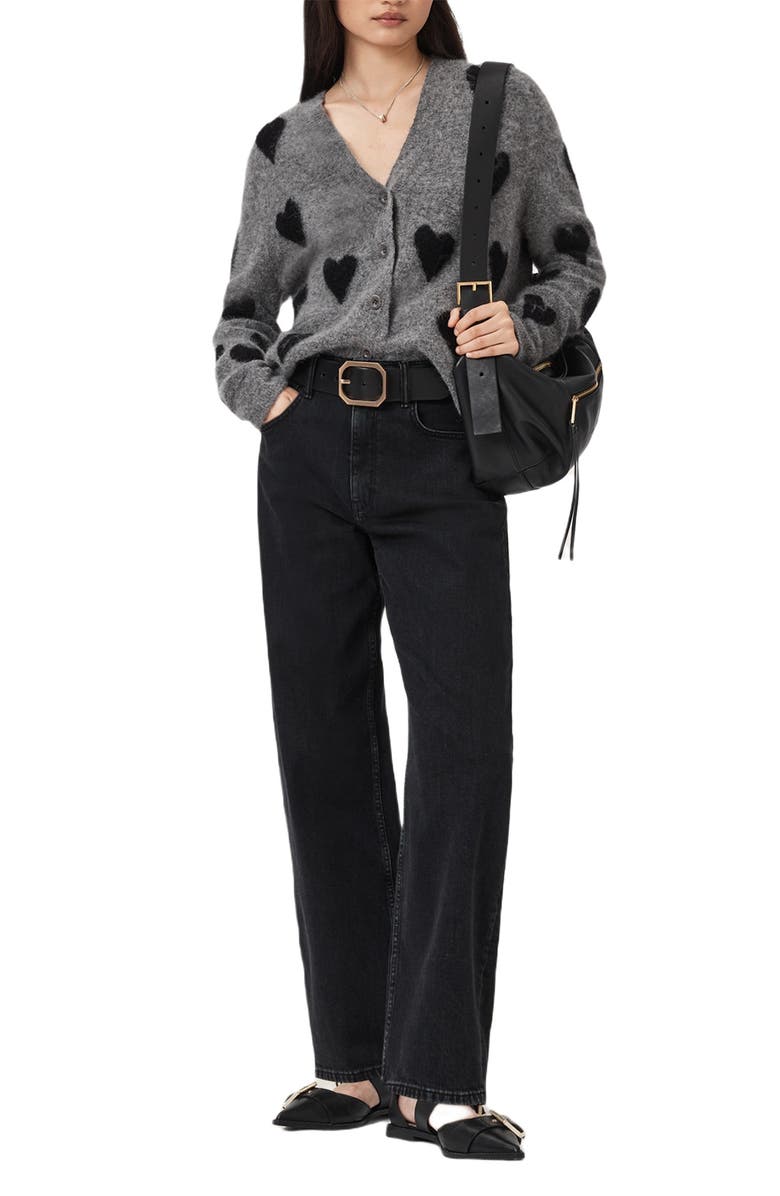 AllSaints Amora Heart Alpaca & Wool Blend Cardigan, Alternate, color, Grey/ Black