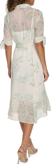 Floral Tie Sleeve Chiffon Shirtdress