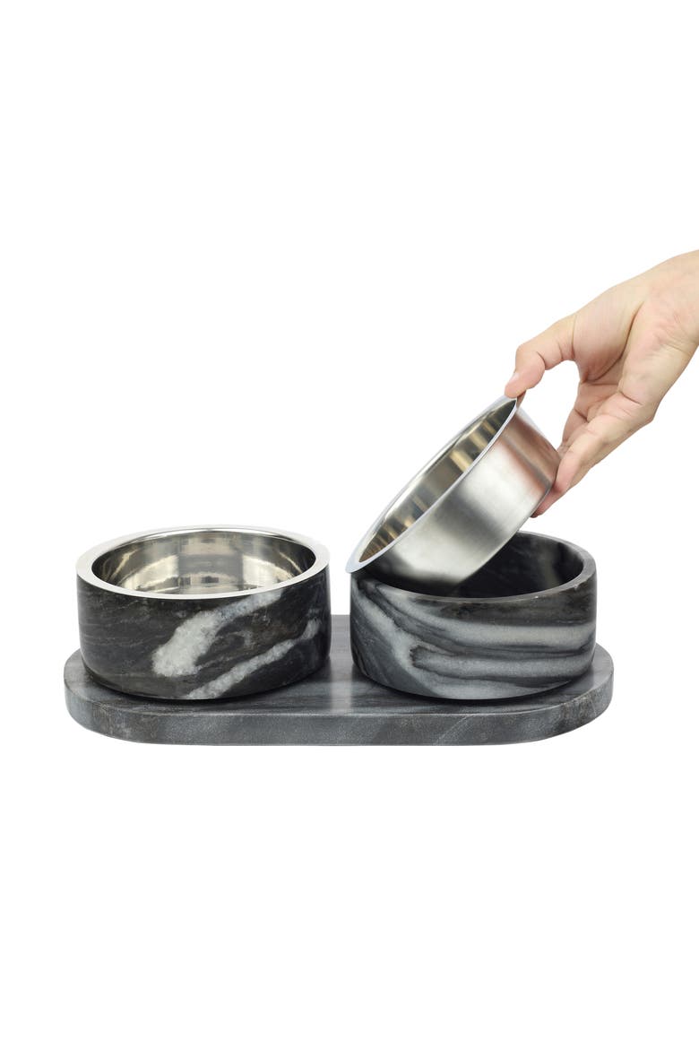 Marbre Modern Weighted Double Marble and Stainless Steel Bowl Feeder with Non-Slip Marble Tray Set, Alternate, color, Black/White