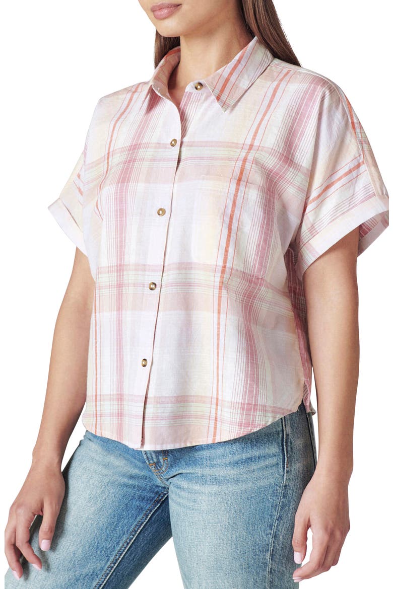 Relaxed Plaid Cotton Button-Up Shirt, Alternate, color, PEACH MULTI