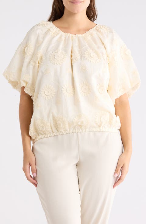 Floral Embroidered Puff Short Sleeve Blouse