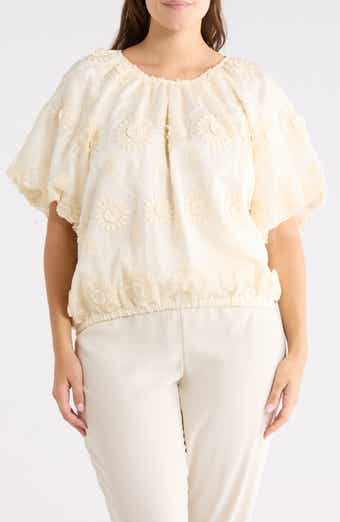INDUSTRY REPUBLIC CLOTHING Floral Embroidered Puff Short Sleeve Blouse