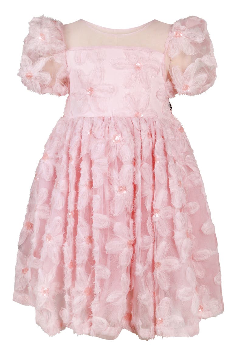 Kids' 3D Floral Puff Sleeve Tulle Party Dress, Main, color, SOFT PINK