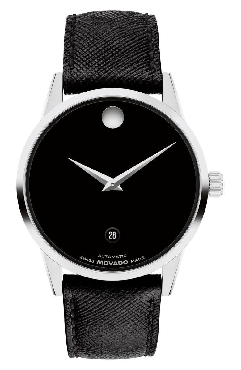 Movado Museum Classic Automatic Leather Strap Watch, 40mm, Main, color, Black/ Silver