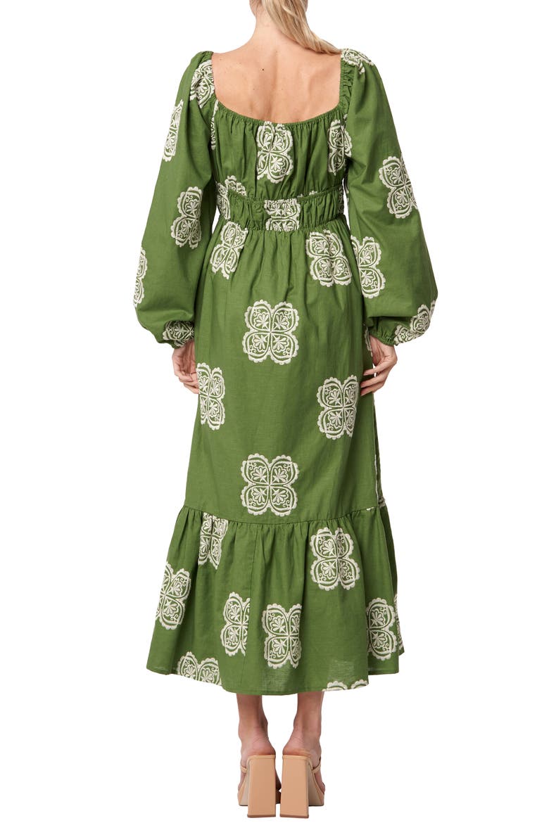 Serbita Medallion Embroidery Long Sleeve Cotton & Linen Midi Dress, Alternate, color, GREEN