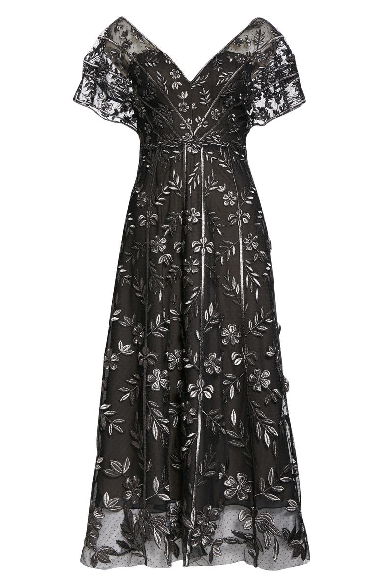 Lela Rose Flutter Sleeve Vine Embroidered Tulle Dress, Alternate, color, 