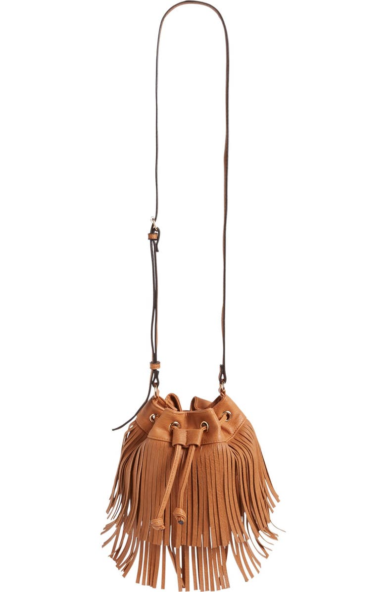 Sole Society Mini Fringe Faux Leather Bucket Bag, Main, color,