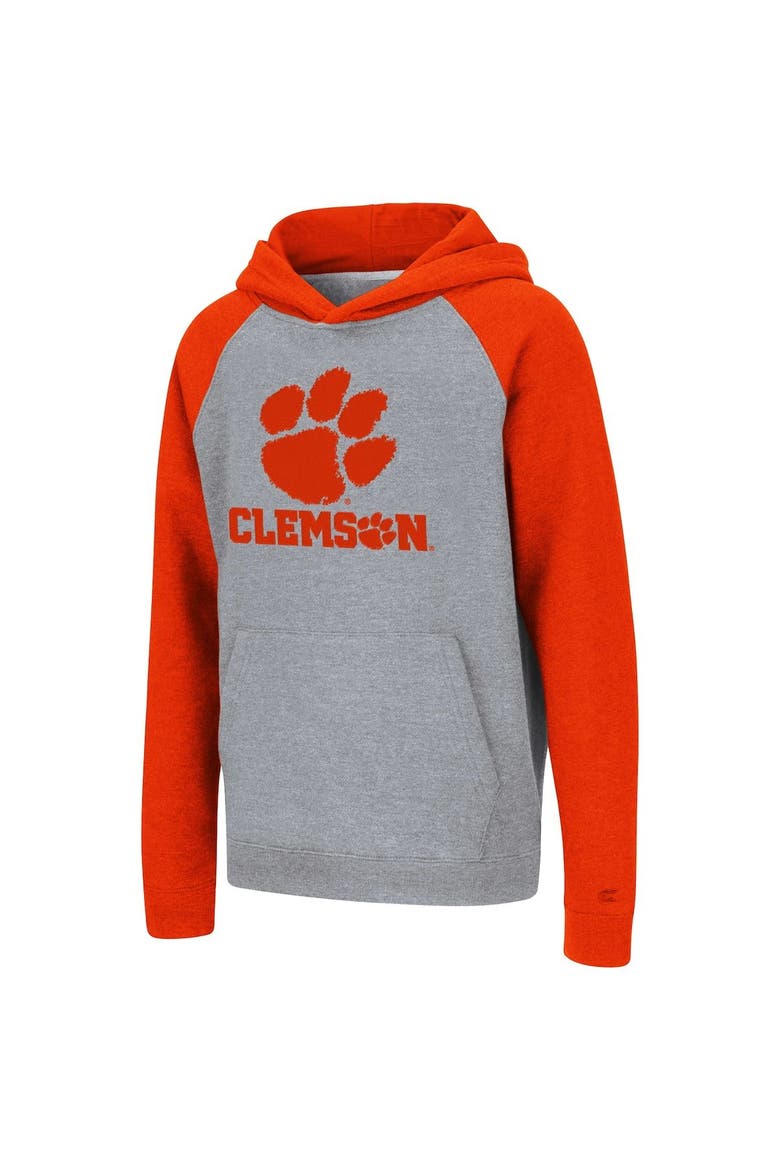 Youth Colosseum Heathered Gray/Orange Clemson Tigers Logo Wordmark Raglan Pullover Hoodie, Alternate, color, Heather Gray