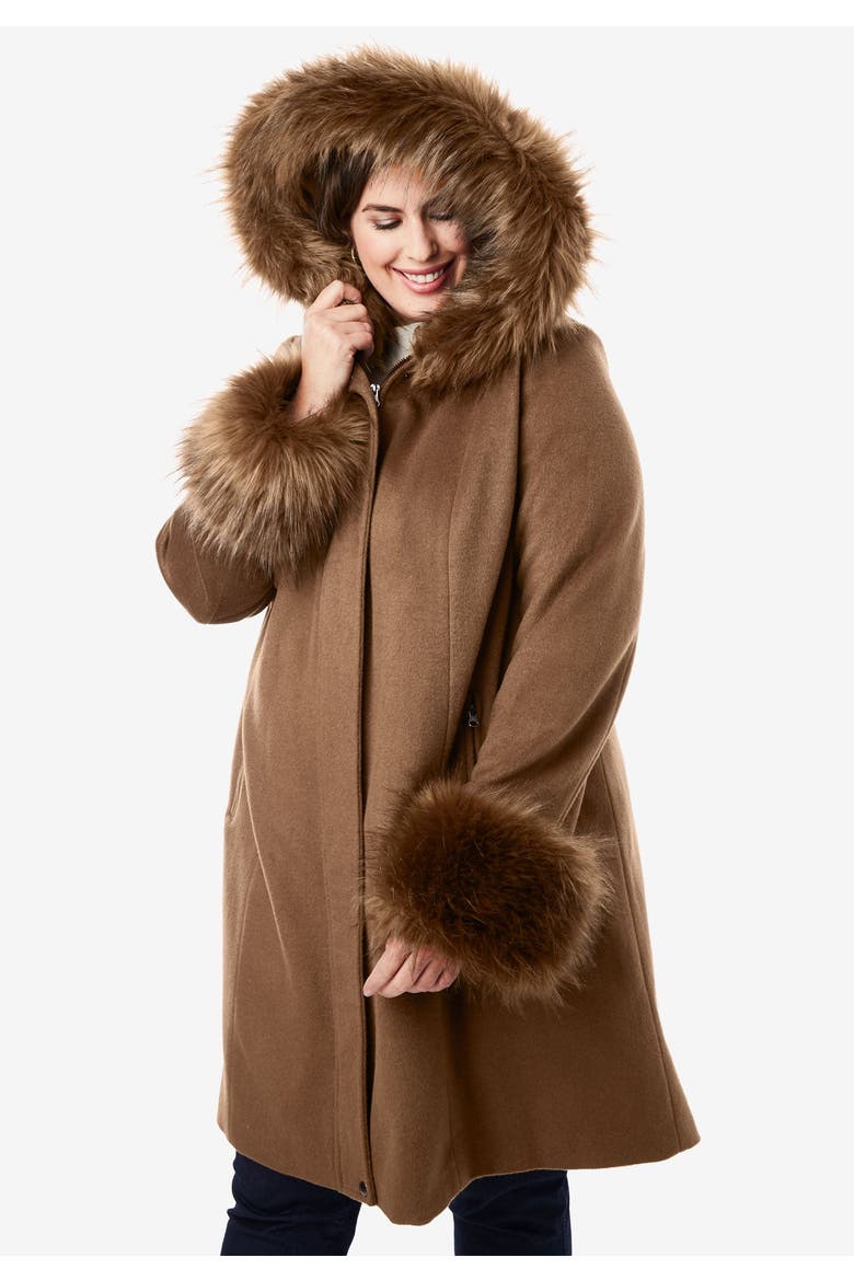 Hooded Faux Fur Trim Coat, Alternate, color, RICH BROWN