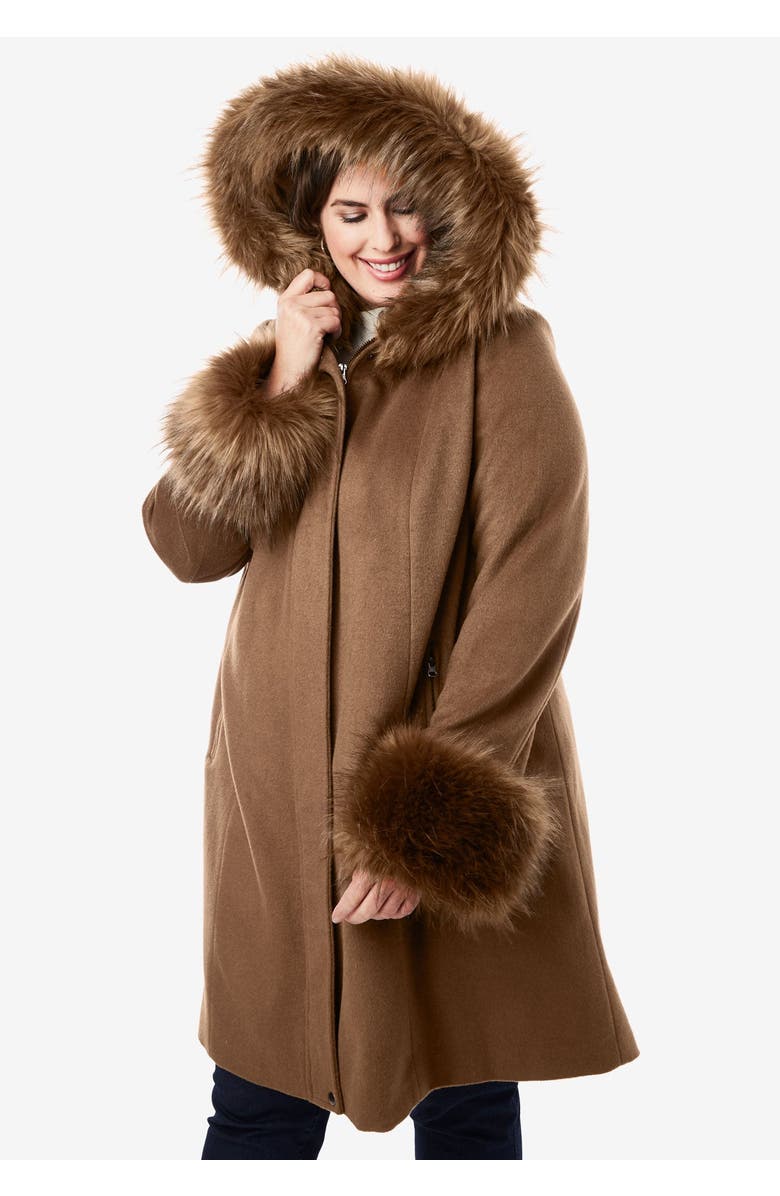 Jessica London Hooded Faux Fur Trim Coat, Alternate, color, Black