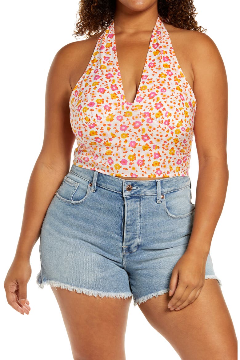 Print V-Neck Halter Top, Main, color, WHITE SALLY RETRO FLORAL