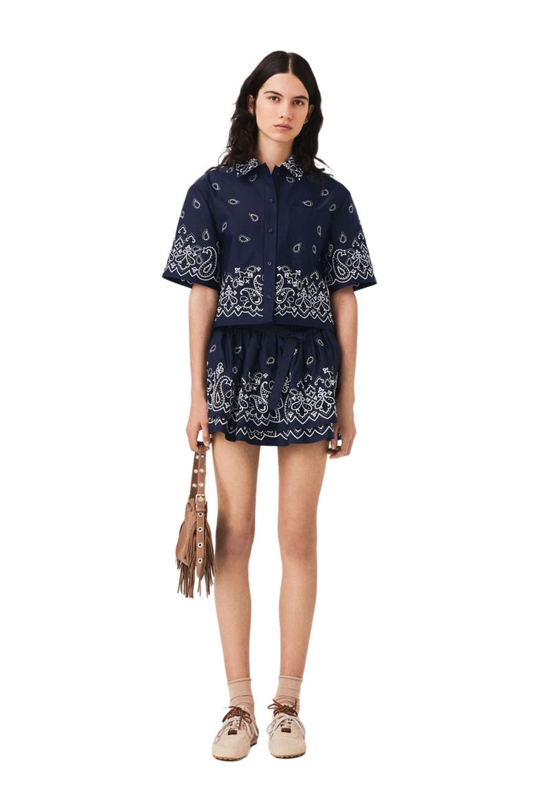 Cropped embroidered taffeta shirt, Alternate, color, Navy bandana embroidered