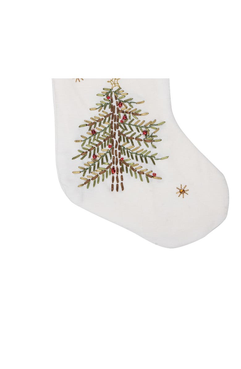 C&F Home Ribbon Decorated Green Christmas Tree on White Background with Red Velvet Cuff Stocking 20.0 inch, Alternate, color, Green