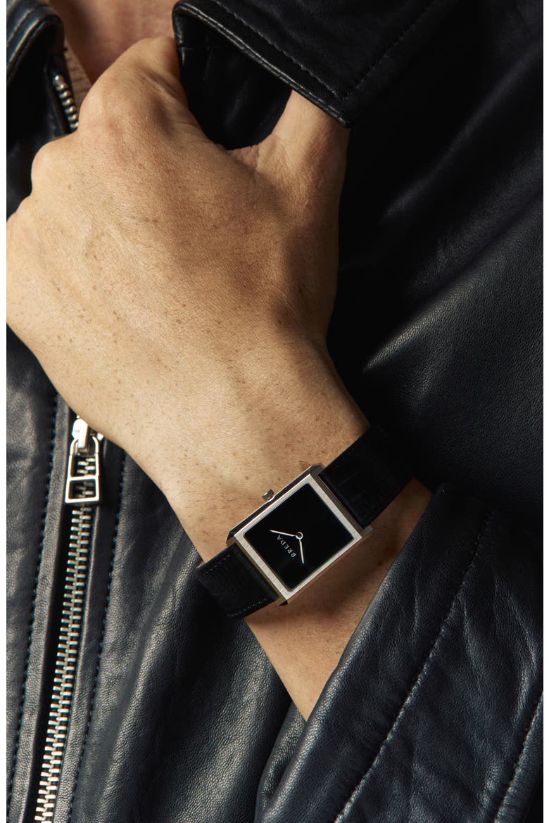Virgil Leather Strap Tank Watch, 26mm x 35mm, Alternate, color, SILVER