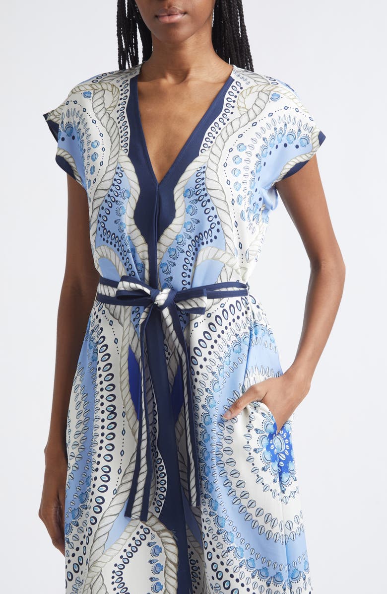 Reiss Heidi Scarf Print Belted Midi Dress, Alternate, color, Ivory/ Blue