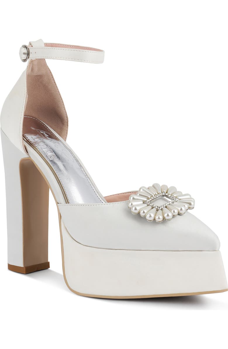 LONDON RAG Maeissa Pearly Brooch Ankle Strap Platform Pump, Main, color, White