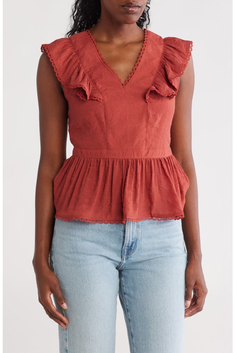 Lace Trim V-Neck Peplum Top, Main, color, TERRACOTTA
