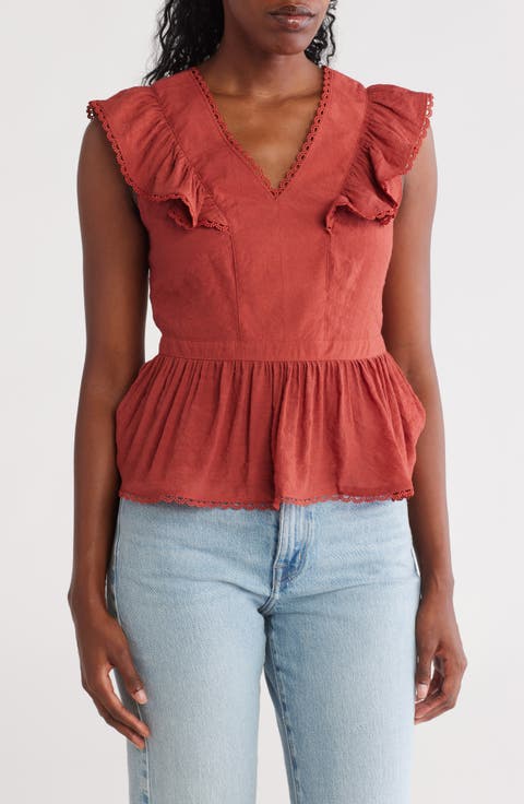 Lace Trim V-Neck Peplum Top