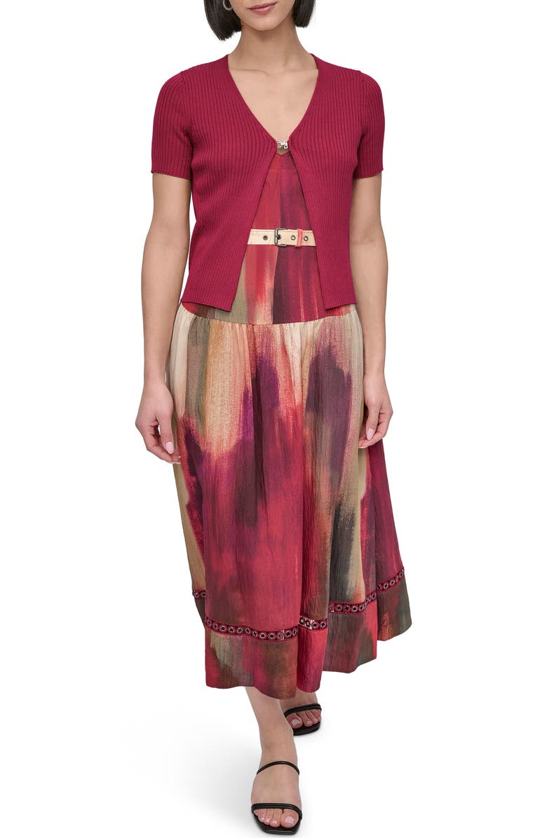 DKNY Hook & Eye Short Sleeve Rib Cardigan, Alternate, color, Beet