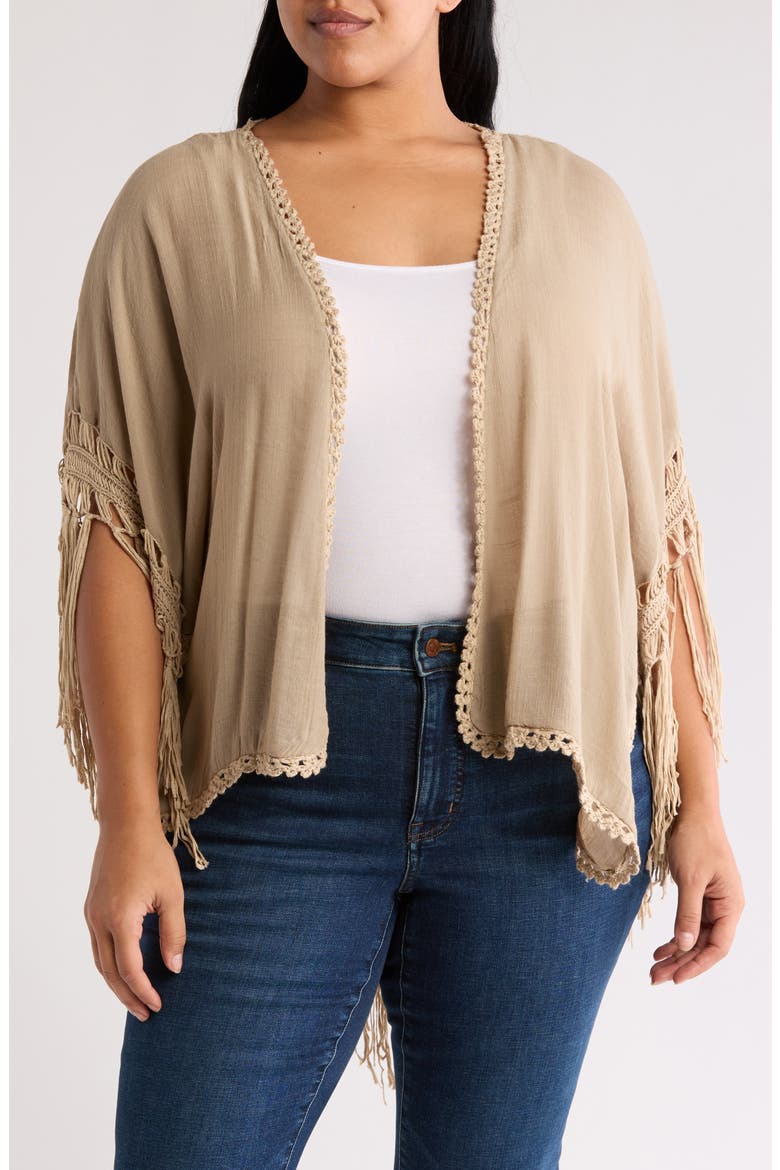 Open Knit Fringe Trim Ruana, Main, color, DARK TAUPE