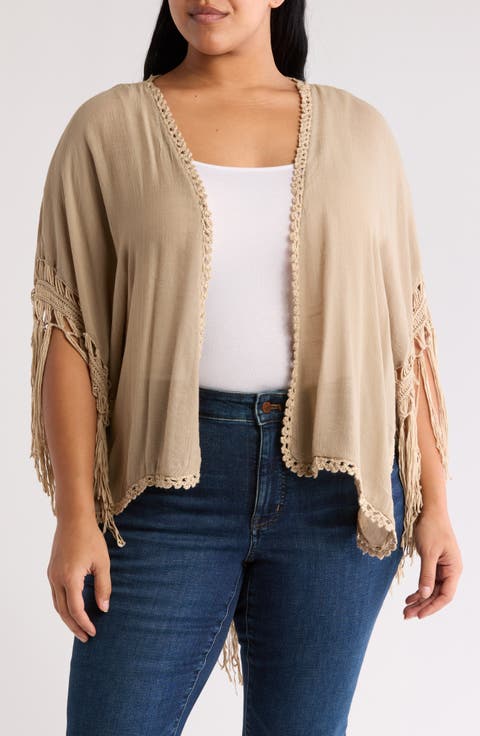 Open Knit Fringe Trim Ruana