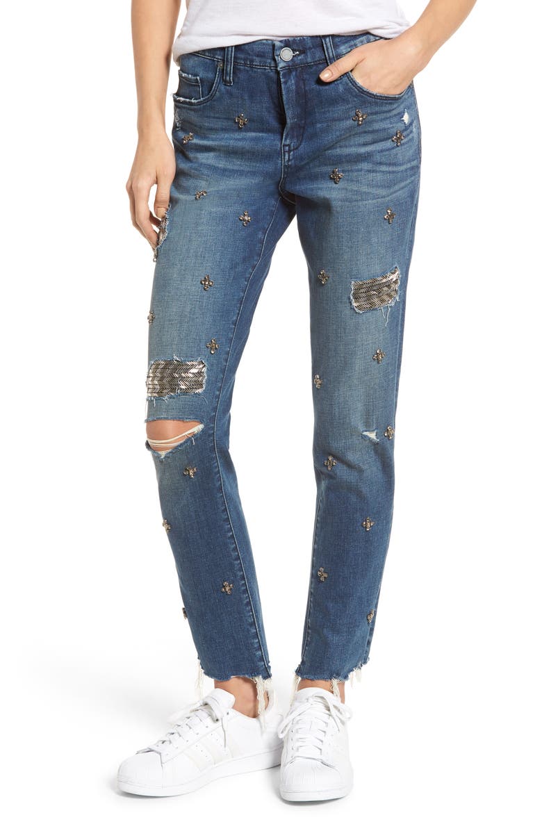 BLANKNYC Charm School Jeweled Girlfriend Jeans, Main, color, 