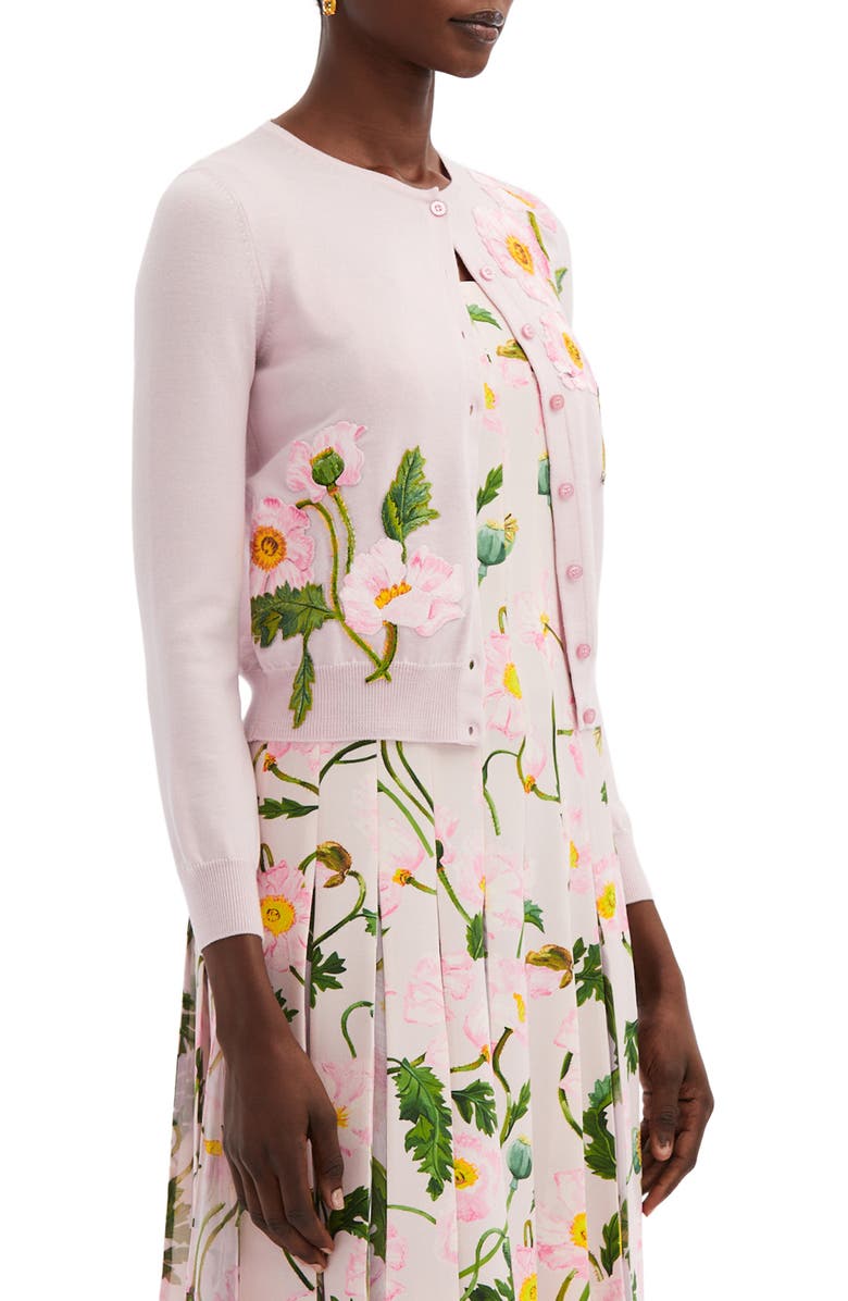 Oscar de la Renta Embroidered Poppy Crop Virgin Wool Cardigan, Alternate, color, 