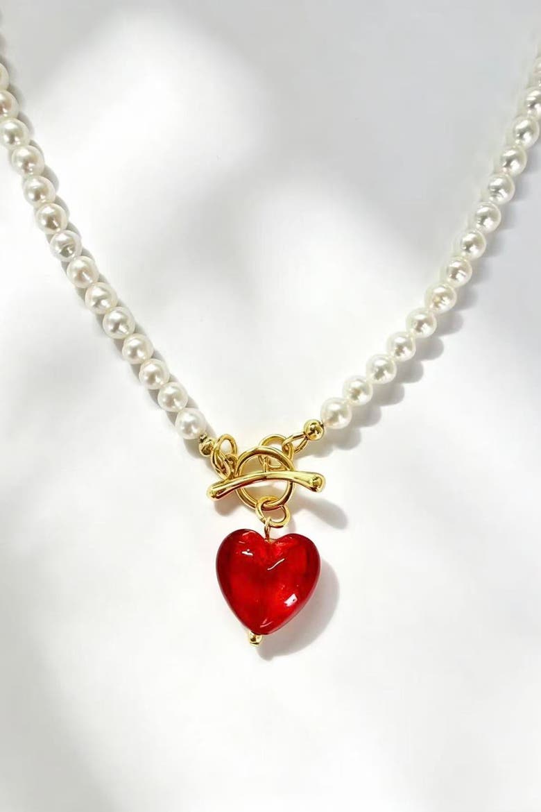 Valentina Murano Glass Heart Pendant Pearl Necklace, Alternate, color, Red