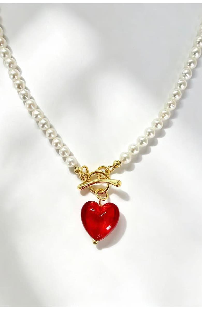 Classicharms Valentina Murano Glass Heart Pendant Pearl Necklace, Alternate, color, Red