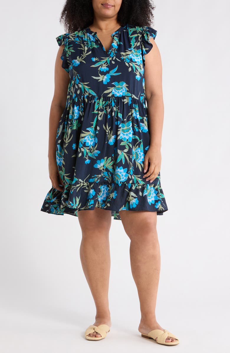 Caslon<sup>®</sup> Ruffle Shoulder Minidress, Main, color, Navy Blue Willoughby Floral