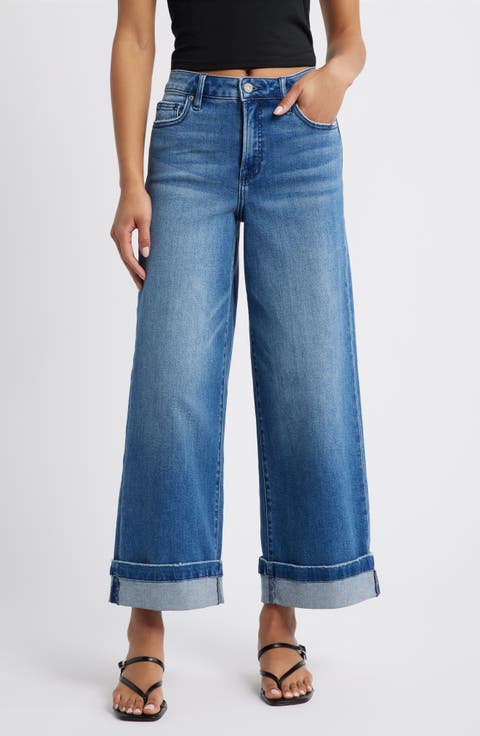 Cuffed High Waist Ankle Wide Leg Jeans