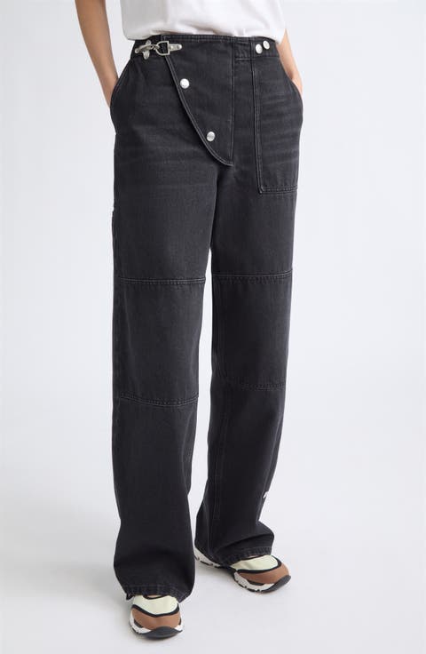 High Waist Snap Fly Panel Wide Leg Jeans