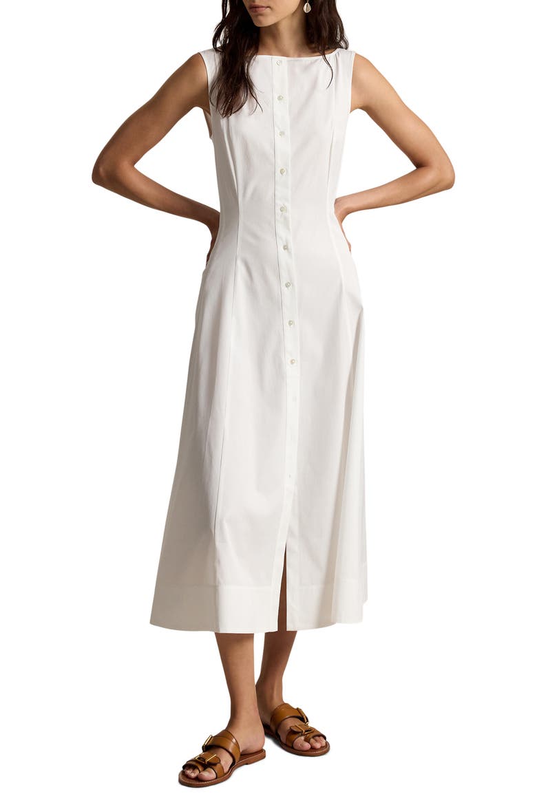 Paneled Cotton Button-Up Midi Dress, Main, color, WHITE
