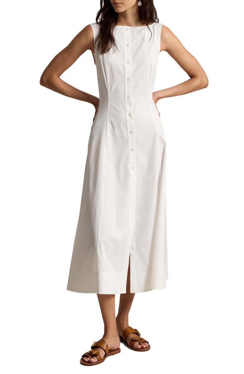 Polo Ralph Lauren Paneled Cotton Button-Up Midi Dress, Main, color, White