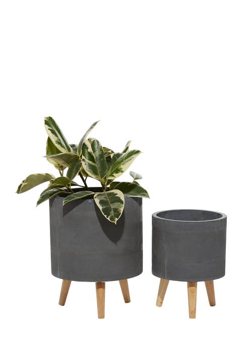 Dark Grey Round Fiberclay Planters, 2-Piece Set