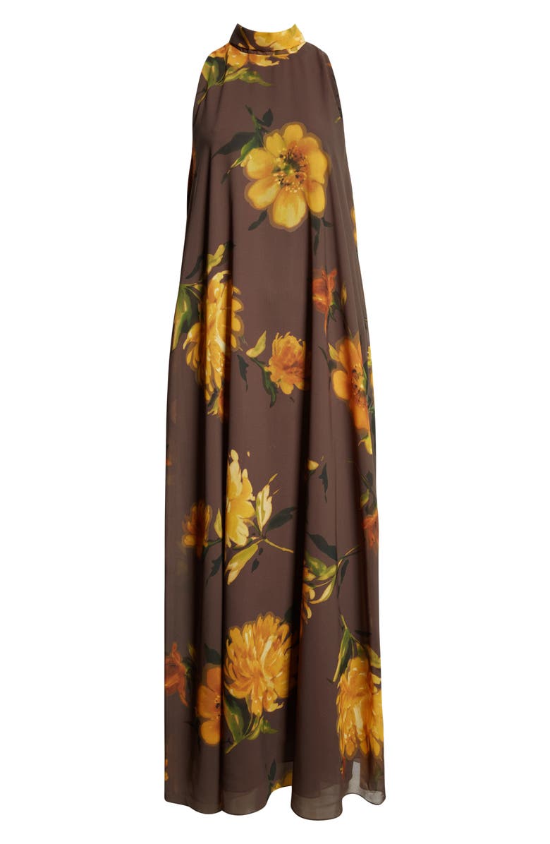 Lela Rose Floral Print Tie Neck Sleeveless Chiffon Maxi Dress, Alternate, color, Chocolate Multi