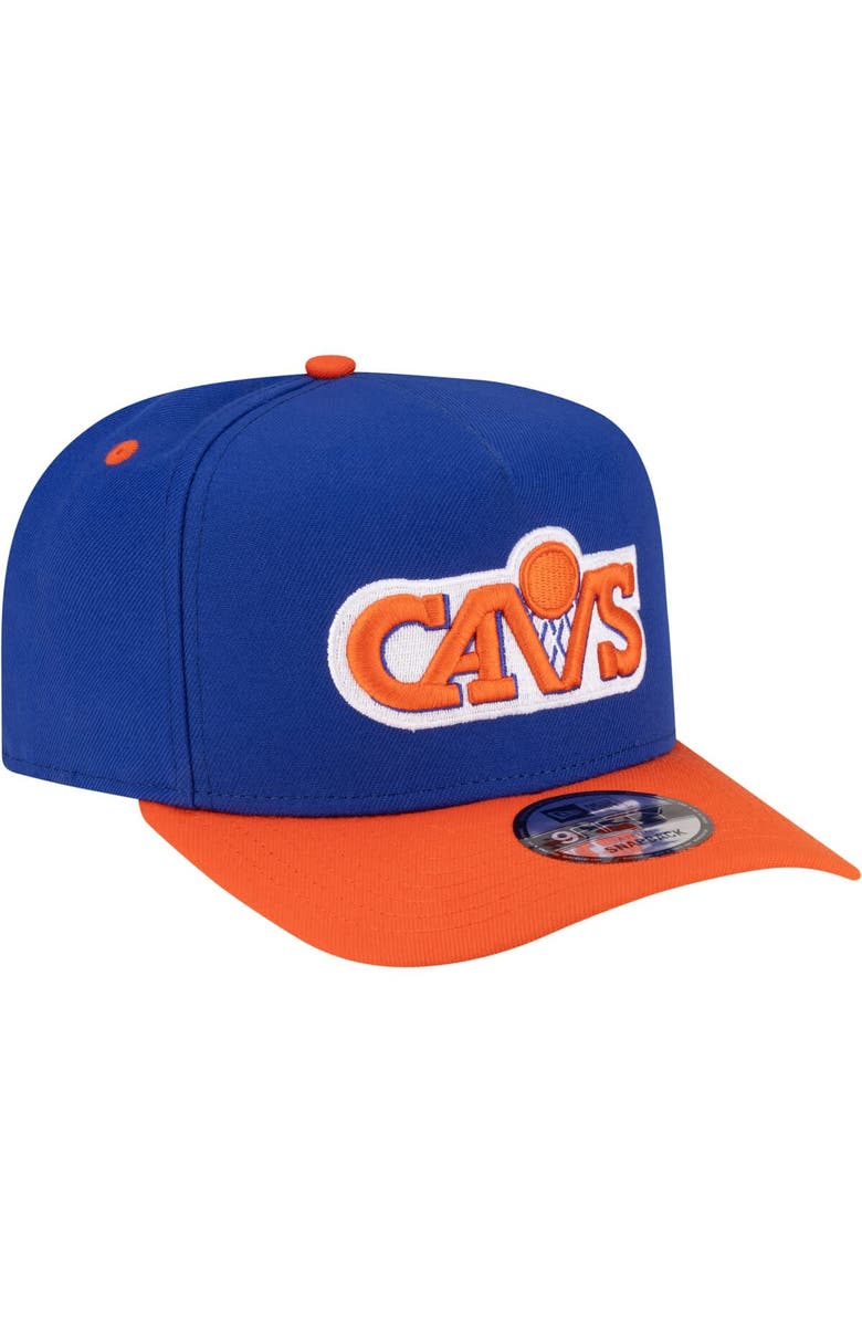 New Era Men's New Era Blue/Orange Cleveland Cavaliers 80s Throwback A-Frame 9FIFTY Snapback Hat, Alternate, color, Blue