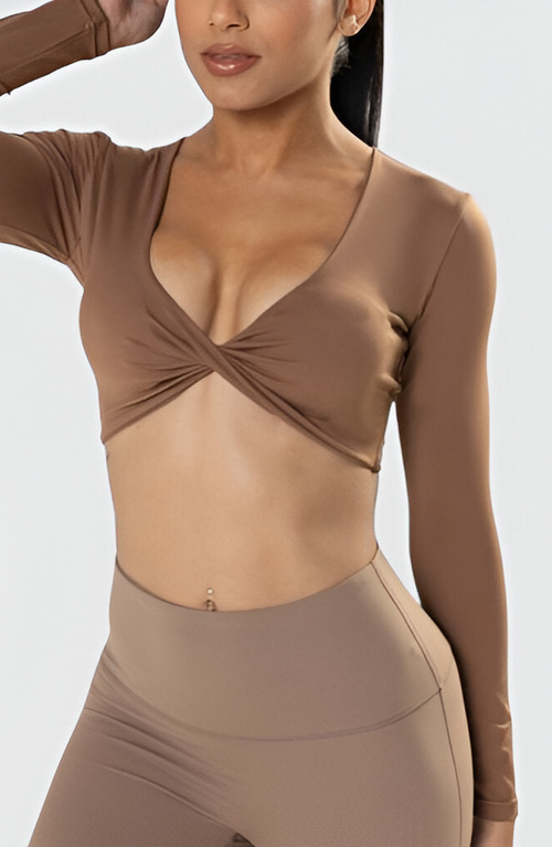 Modenaire Active Long Sleeve Twist Front Crop Top In Brown