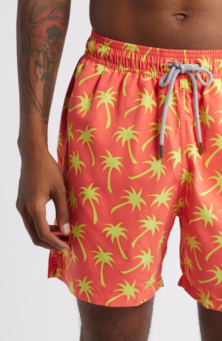 Tom & Teddy Palm Tree Print Performance Swim Trunks, Alternate, color, 