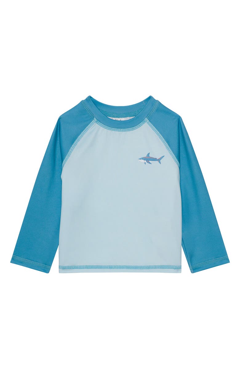 PL Baby by Petit Lem Sun Hat, Rashguard & Swim Trunks Set, Alternate, color, Light Blue Stripe