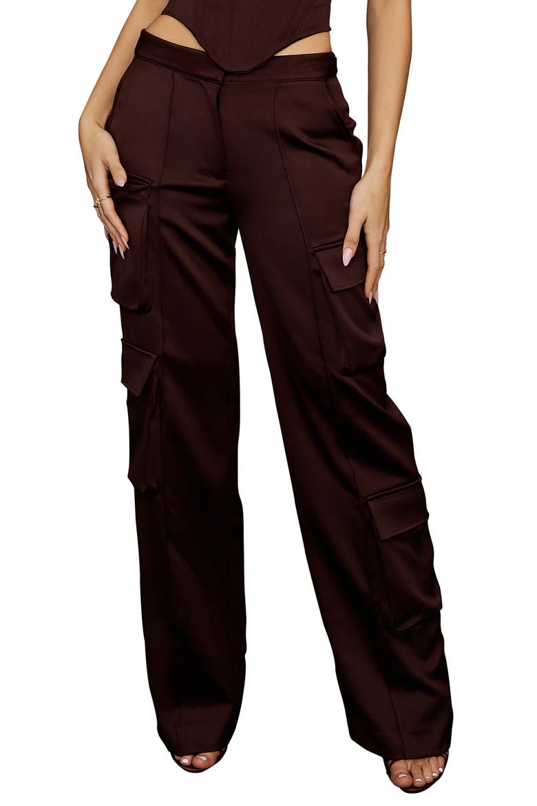 Daria Seamed Satin Cargo Trousers, Main, color, CHOCOLATE