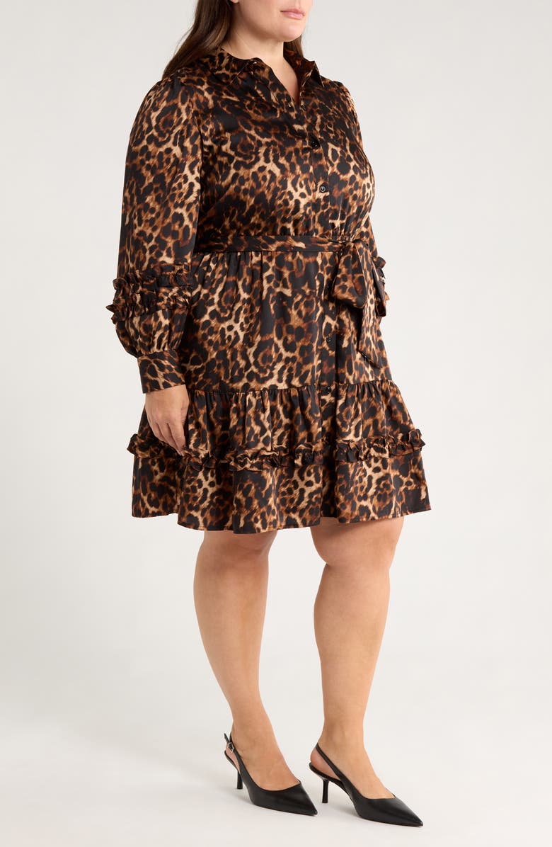 Anne Klein Leopard Tie Waist Long Sleeve Shirtdress, Alternate, color, Brown/ Anne Black Multi