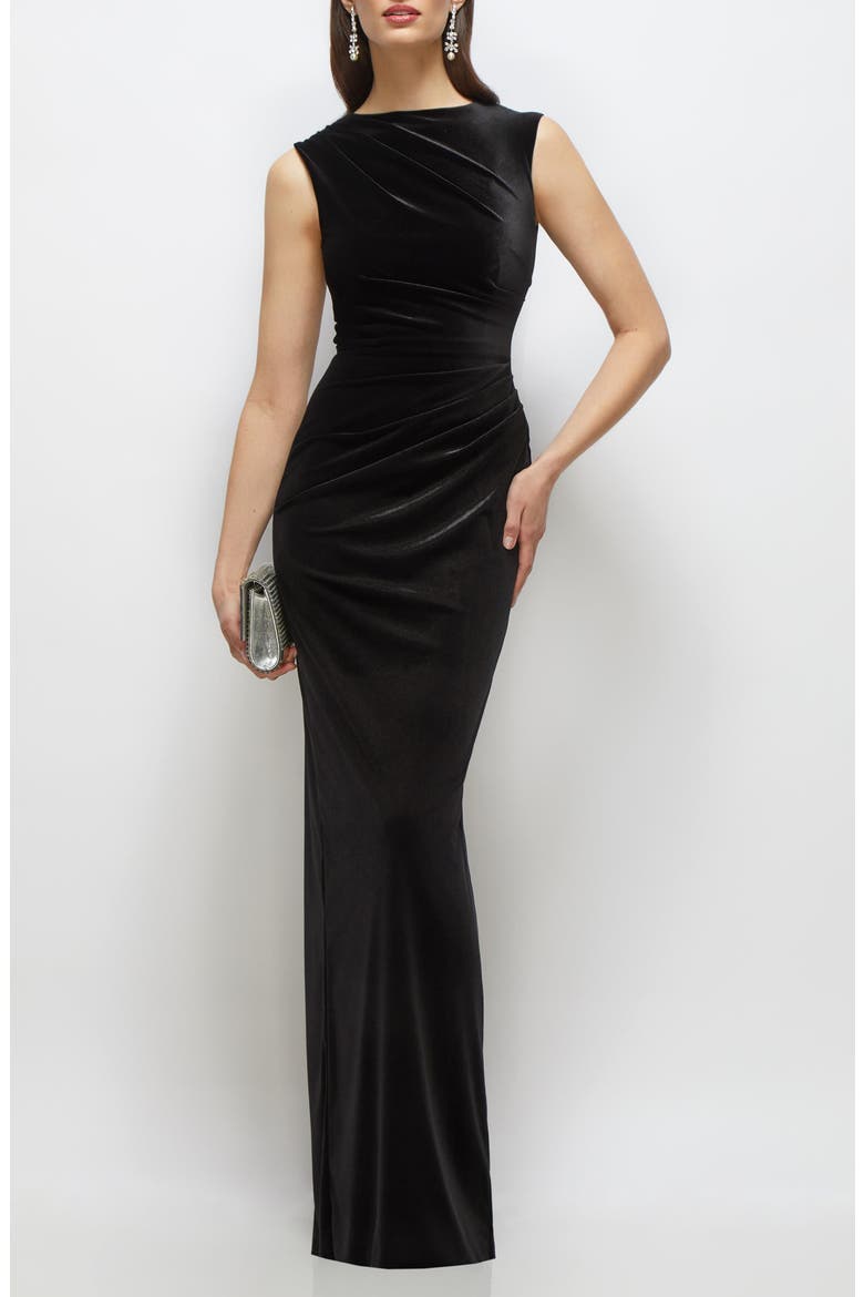 Ruched Velvet Column Gown, Main, color, BLACK