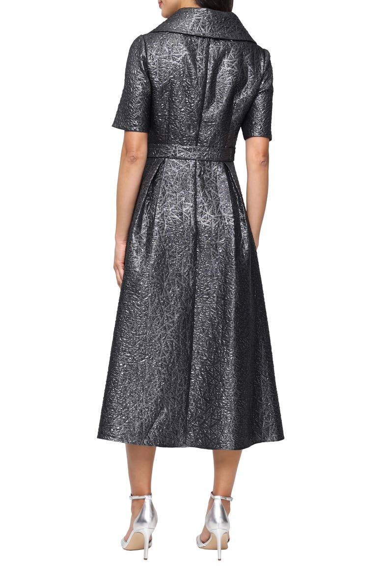 Faux Wrap Metallic Jacquard Cocktail Midi Dress, Alternate, color, GUNMETAL