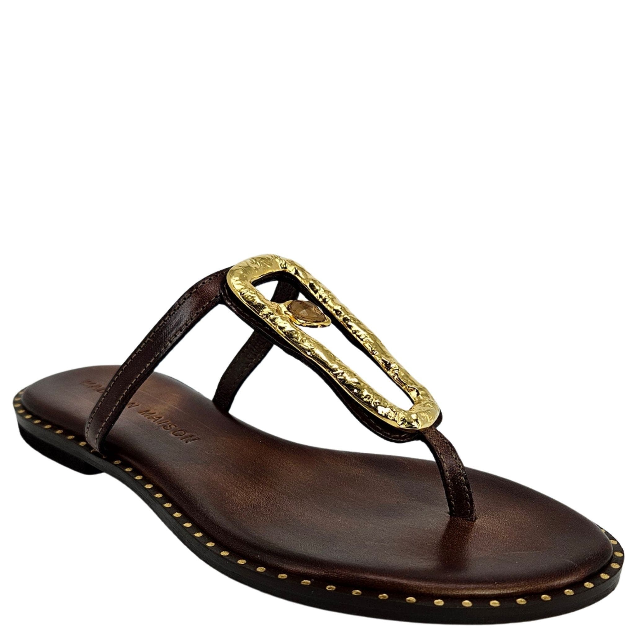 Leather Flat Hammered Link Sandal, Alternate, color, brown