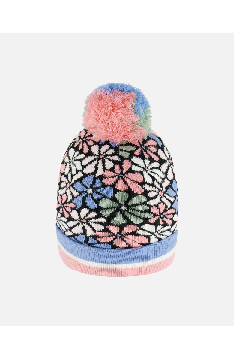 Deux par Deux Girl's Knit Hat Blue, Pink And White Retro Flowers, Alternate, color, Flowers Jacquard