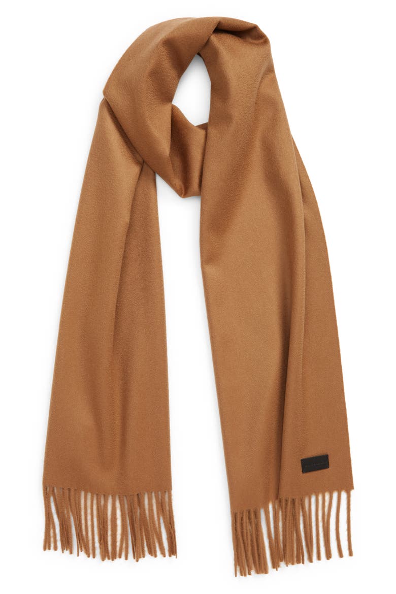 Logo Patch Cashmere Fringe Scarf, Alternate, color, LIGHT BROWN