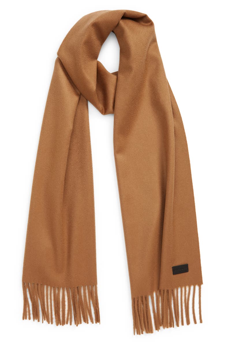 Saint Laurent Logo Patch Cashmere Fringe Scarf, Alternate, color, 