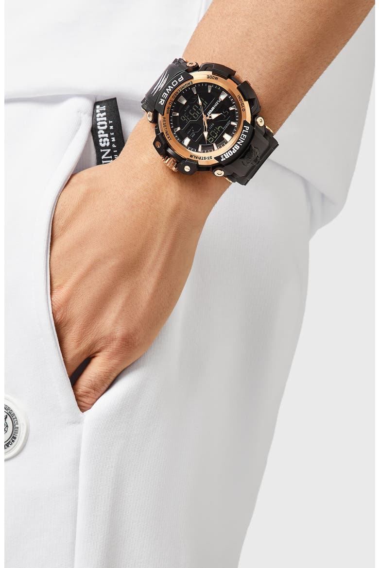 Chronograph Quartz Silicone Strap Watch, 50mm, Alternate, color, BLACK BLACK