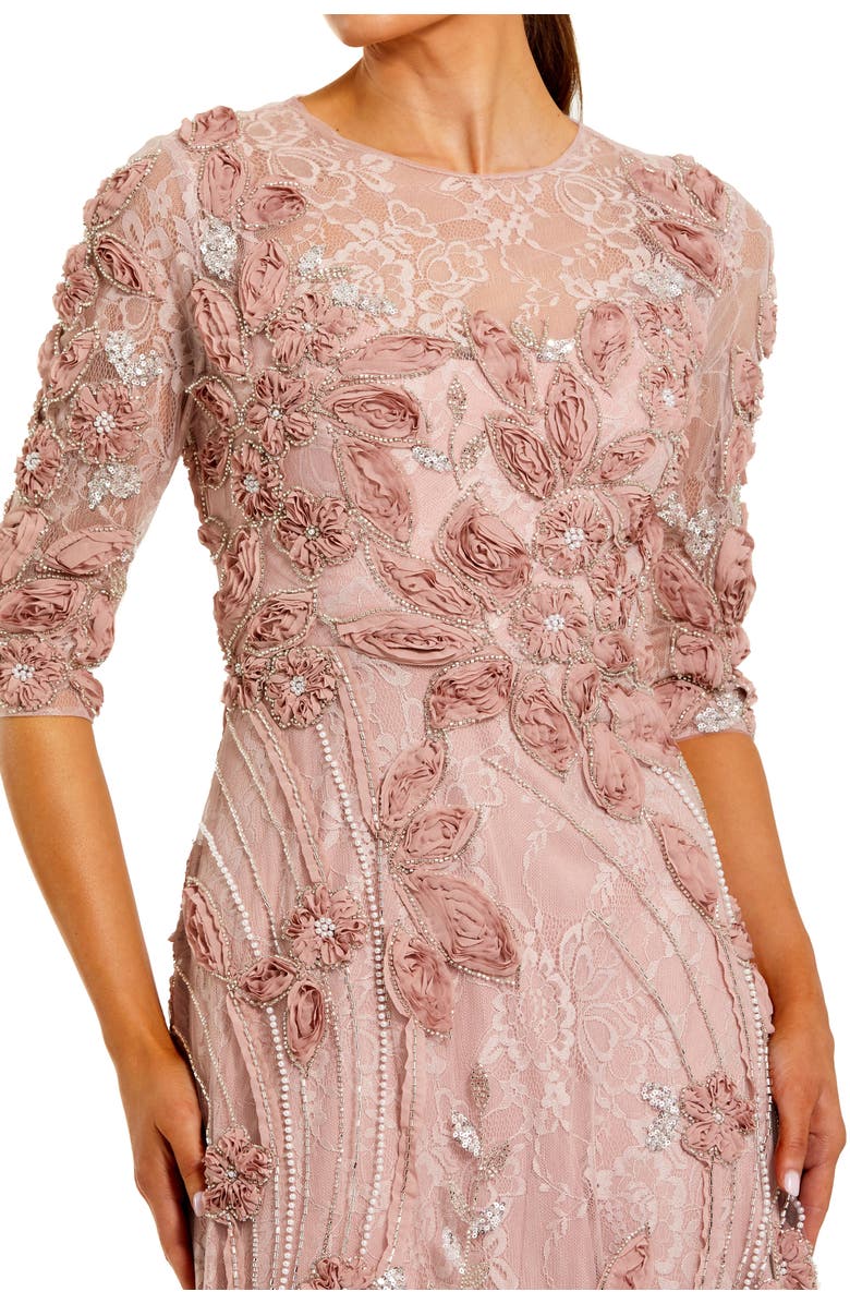 Mac Duggal Petite High Neck Embellished Lace Gown with 3/4 Sleeves, Alternate, color, Mocha